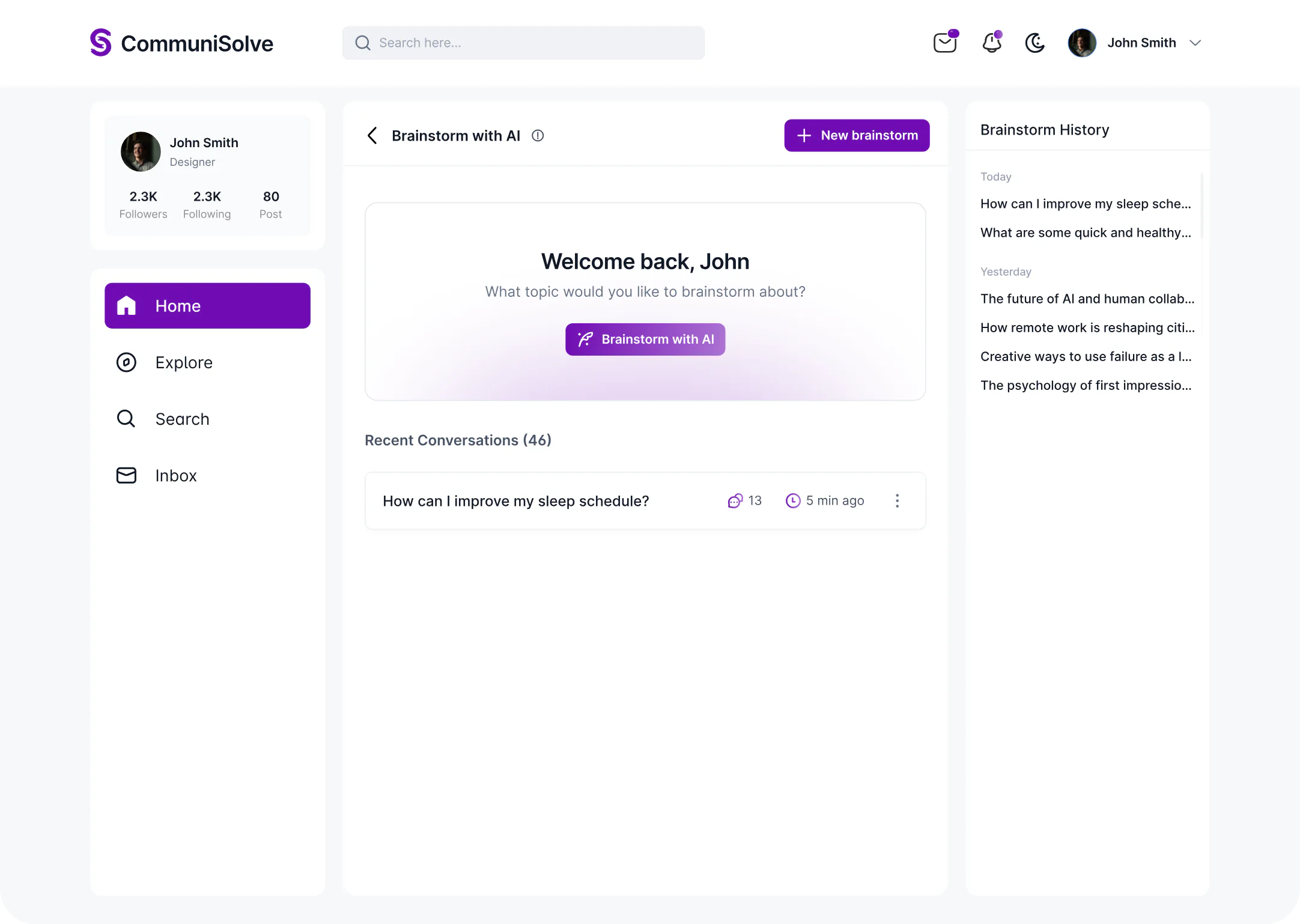 Brainstorm with AI in CommuniSolve: a new brainstorm and recent conversations