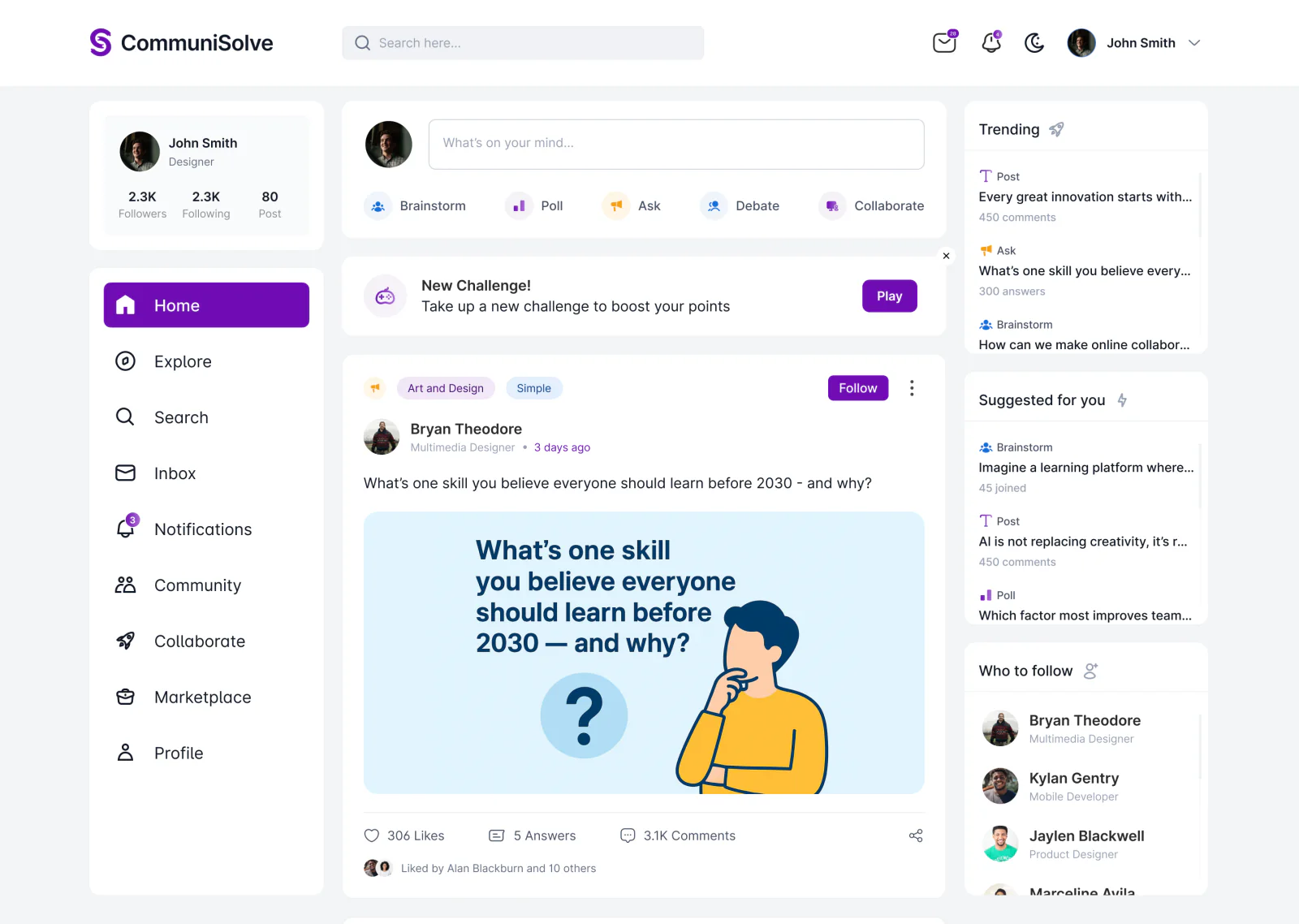 CommuniSolve home feed with brainstorm, poll, ask, debate and collaborate options